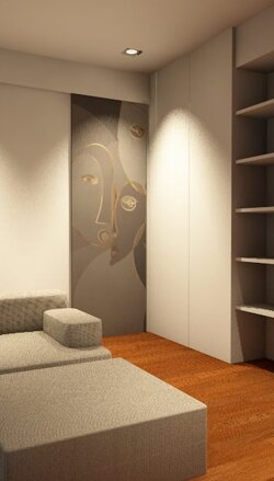 progetto di una zona salotto con porte rivestite con carta da parati con disegni geometrici per una ristrutturazione in Novara